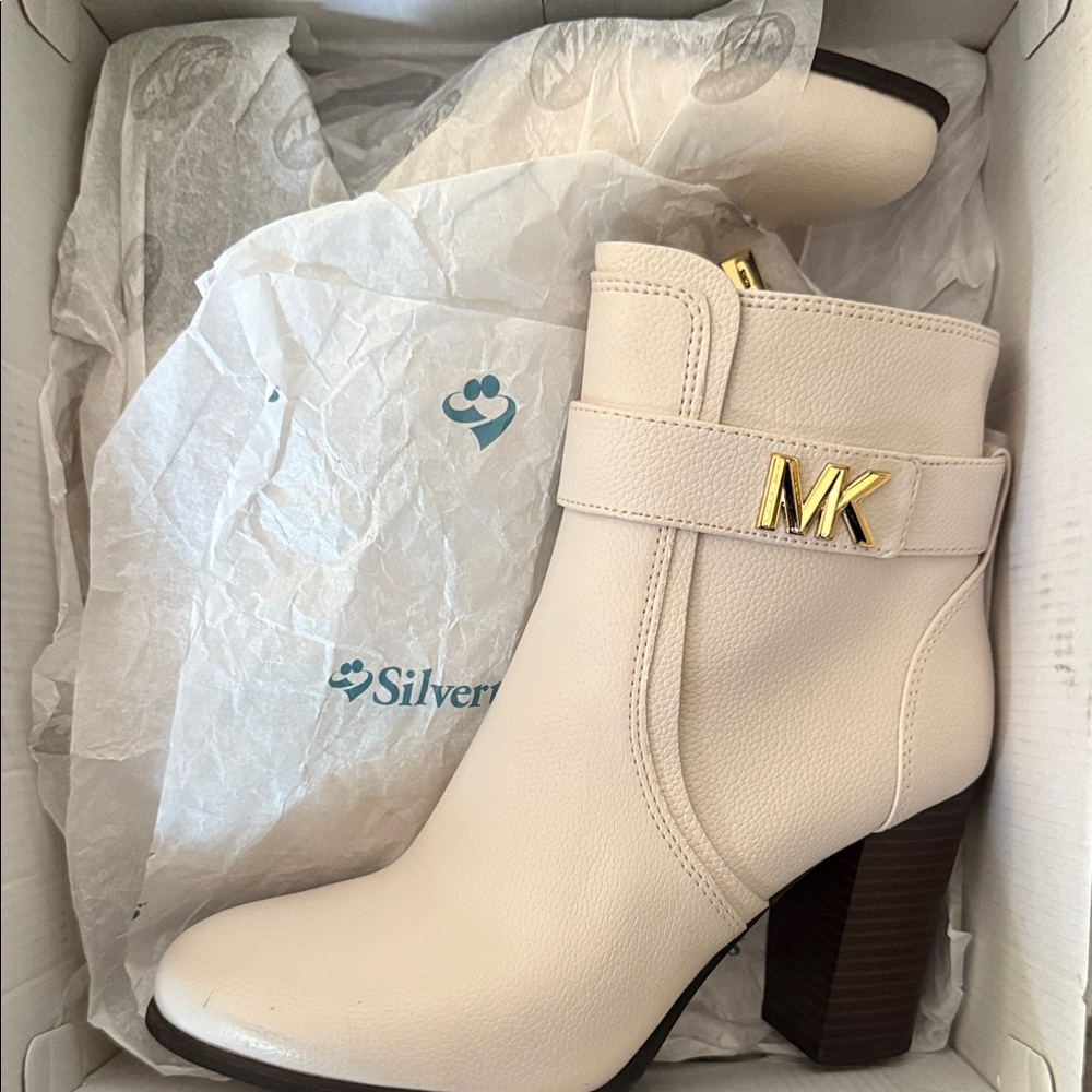 Michael Kors Ivory Heeled Boots with Gold Accent